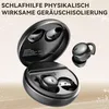 A pair of black wireless earbuds and their charging case are displayed against a soft, gradient background. Produktbild-Vorschau
