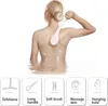 A woman is using a back brush to apply lotion to her back. Below the image of the woman are icons illustrating the product's features. Produktbild-Vorschau