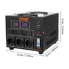 A black voltage transformer with digital displays and multiple outlets is shown with dimensions indicated. Produktbild-Vorschau