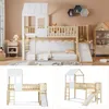 A collage of images showcasing a wooden children's bunk bed with a slide and a house-like structure on top, presented in a bedroom setting and on a white background. Podgląd zdjęcia produktu
