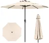 A beige patio umbrella is shown in three different views: open, closed, and from a top-down perspective. Podgląd zdjęcia produktu