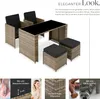 A rattan furniture set with a table, chairs, and ottomans, presented with descriptive text and close-up feature highlights. Produktbild-Vorschau
