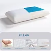 A product shot of a pillow with a gel insert, accompanied by feature callouts. Produktbild-Vorschau