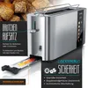 A stainless steel toaster with a bread roll attachment and a crumb tray is shown along with product information. Anteprima dell’immagine prodotto