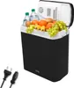 A black electric cooler box filled with fruits and bottles, with power cords in the foreground. Produktbild-Vorschau
