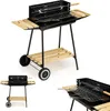 A charcoal grill with wooden shelves and wheels, shown from multiple angles. Náhľad obrázku produktu