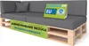 A dark gray pallet sofa with cushions and a sign indicating it is made in the EU. Produktbild-Vorschau