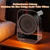 A compact desktop heater is placed on a wooden table next to a bed. Produktbild-Vorschau