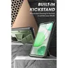 A product image showcasing a phone case with a built-in kickstand, displayed on a textured surface with abstract background elements. Produktbild-Vorschau