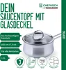 A product image of a saucepan with a glass lid, featuring marketing text and feature callouts. Produktbild-Vorschau