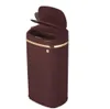 A brown trash can with a gold trim and an open lid, shown against a white background. Voir les images du produit