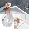 Collage showing a roll of white sealing tape being applied to a bathtub and sink area, with a close-up of the tape roll. Podgląd zdjęcia produktu