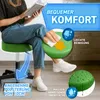 A person sitting on a green stool and reading a book, with overlays highlighting product features. Náhľad obrázku produktu