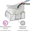 A vacuum storage bag is being filled with bedding using a vacuum cleaner hose. Text overlays describe features. Produktbild-Vorschau