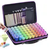 A diamond painting organizer case filled with colorful beads, with a hand pouring beads into a funnel. Produktbild-Vorschau