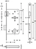 Technical drawing with dimensions of a door lock mechanism and its components. Podgląd zdjęcia produktu