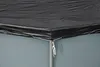 Close-up view of the corner of a black oval tarp, showing how it is attached to a support pole with white rope. Podgląd zdjęcia produktu