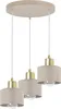 A three-light pendant lamp with beige fabric shades and gold accents, suspended from a round gold canopy. Produktbild-Vorschau