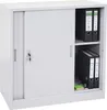 A white metal filing cabinet with sliding doors, containing several binders and some sticky notes. Produktbild-Vorschau