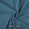 A close-up of a teal fabric, likely a pillowcase, with a swirl in the center. Two circular icons with text are visible at the bottom left and bottom right. Produktbild-Vorschau