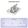 A white adjustable stand for a device, shown from a slightly elevated angle, with diagrams illustrating different angle settings. Produktbild-Vorschau