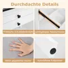 A collage of four close-up images showcasing details of a white vanity table and stool, with German text descriptions. Podgląd zdjęcia produktu