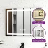 A bathroom mirror with integrated LED lighting, shown mounted on a wall with a faucet visible below. Insets highlight features and mounting options. Produktbild-Vorschau