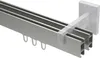 A close-up, angled view of a multi-track curtain rod system mounted to a wall. Produktbild-Vorschau