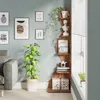 A corner shelf unit with decorative items and plants, next to a sofa and framed pictures on a wall. Produktbild-Vorschau