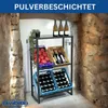 A metal shelving unit displaying bottles of wine and tomatoes, set against a stone wall. Produktbild-Vorschau