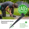 A man is kneeling in a garden, working with a spool of green wire and a garden stake. The image has marketing text and graphics. Produktbild-Vorschau
