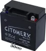 A black motorcycle battery with silver terminals and screws on a black background. Produktbild-Vorschau
