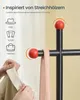 A close-up of a black coat rack with red spherical knobs, showing a beige strap and a person's hands holding a light-colored jacket. Text overlays describe features and inspiration. Produktbild-Vorschau