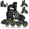 A collage of roller skates and ice skates for children, with a main focus on a pair of black and yellow roller skates. Voir les images du produit