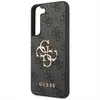 A close-up side view of a gray phone case with a repeating Guess logo pattern and a prominent gold Guess logo. Produktbild-Vorschau