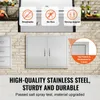 A stainless steel outdoor kitchen cabinet is shown mounted on a brick wall, with marketing text and feature icons overlaid. Náhled obrázku produktu