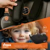A split image showing a close-up of a child's face and a car seat booster. Produktbild-Vorschau