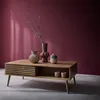 A wooden coffee table with decorative vases and branches against a pink wall. Produktbild-Vorschau