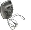 The back of a gray and white electric heater with its power cord. Produktbild-Vorschau