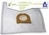 A white vacuum cleaner bag with a brown cardboard opening and a white paper seal. A white paper label with green text and a logo is attached to the top of the bag. Produktbild-Vorschau