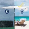 A split image showing a white rectangular umbrella in two different settings: one side depicts rain and a green hedge, while the other side shows a sunny beach with a lounge chair and the ocean. Produktbild-Vorschau