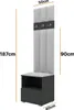 A product image showing a coat rack with a bench and storage, with dimensions indicated. Produktbild-Vorschau