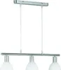 A three-light pendant light fixture with white dome-shaped shades and a silver-toned metal bar. Produktbild-Vorschau