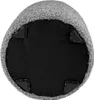 The underside of a round, grey bouclé ottoman with black protective feet. Produktbild-Vorschau