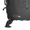 A close-up view of the base and lower side of a black metal outdoor oven, showing decorative cutouts and a brand logo. Produktbild-Vorschau