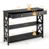 A black wooden console table with three shelves and one drawer, with dimensions and weight capacity indicated by text and icons. Produktbild-Vorschau