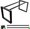 A black metal table frame with two horizontal bars connecting the two U-shaped legs. A close-up inset shows a foot with an adjustable leveler and a green checkmark. Below the frame are two black bars, also with green checkmarks. Produktbild-Vorschau