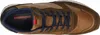A top-down view of a brown and tan leather sneaker with blue laces. Produktbild-Vorschau