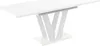 A close-up view of a white extendable dining table with a V-shaped pedestal base. Produktbild-Vorschau