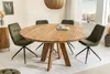 A round wooden dining table with four green chairs in a well-lit room. Produktbild-Vorschau